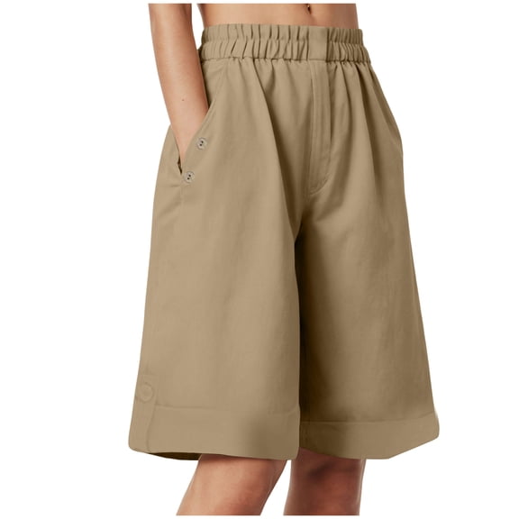 vigerkar Women's Bermuda Shorts Knee Length Elastic Waist Drawstring Workout Athletic Long Shorts with Pockets (Khaki, L)