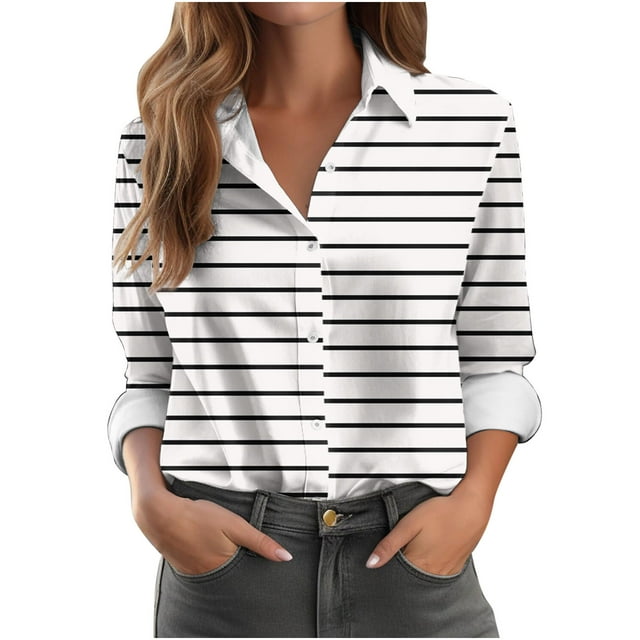 Lenpel Women's Button down Shirts Long Sleeve V Neck Collared Striped Loose Work Tops Business Casual Blouses(White,Large)