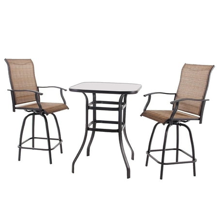 Outdoor 3 piece bar patio bistro set table and chairs High Top Tempered Glass Table with 2 Stools - Chairs Made of Brown Textilene Sling Fabric Strong Metal Frames - Great for Patio Porch Poolside