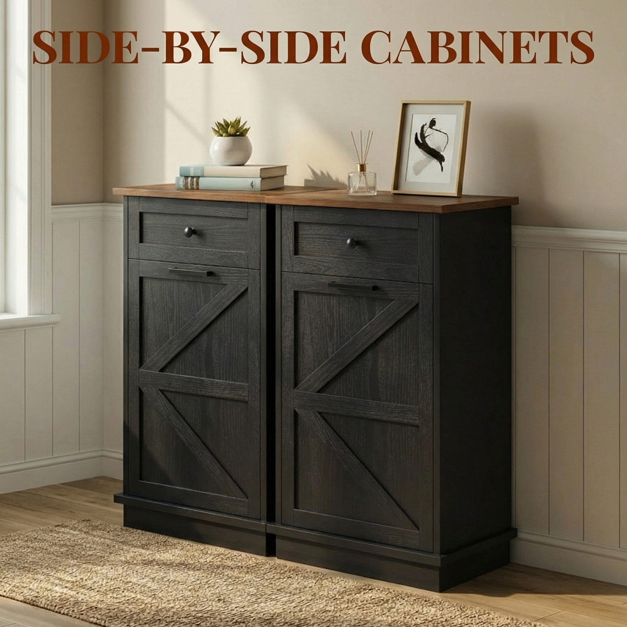HOQBN Tilt Out Trash Can Cabinet, 10-Gallon Farmhouse Hidden Garbage Cabinet with Drawer, Dog Proof Wooden Trash Storage Cabinet for Kitchen, Laundry, Living Room, Office Black+Brown