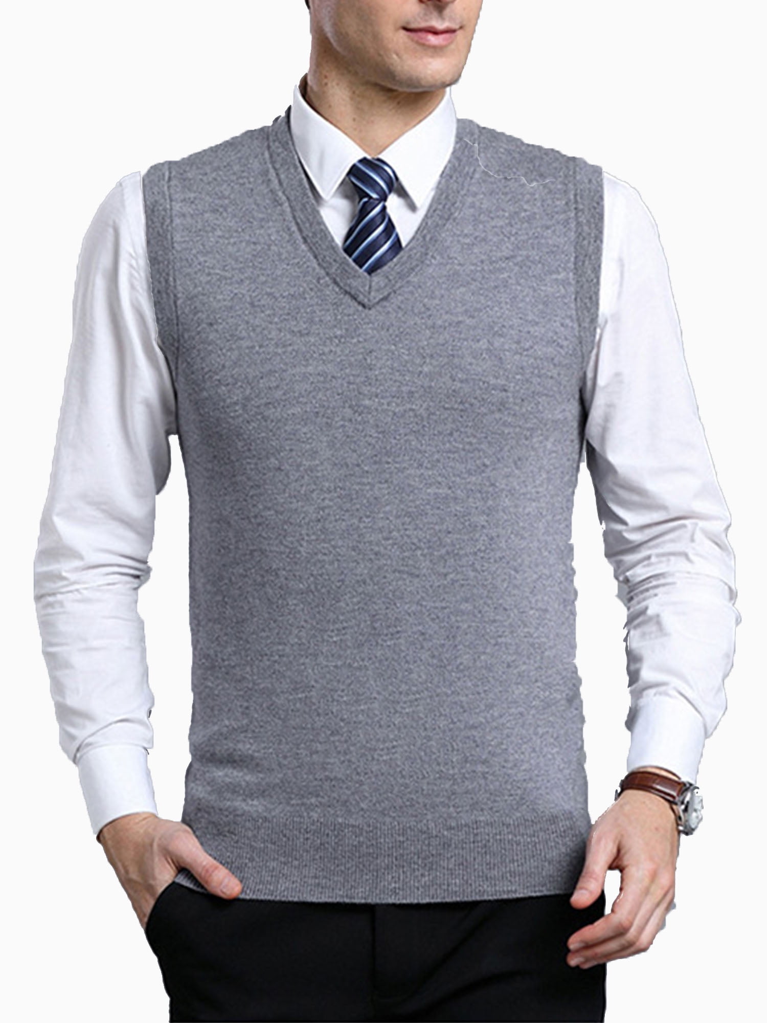 Men Plain V Neck Sleeveless Pullover Slip Over Knitted Jumper Casual Vest S-5XL 