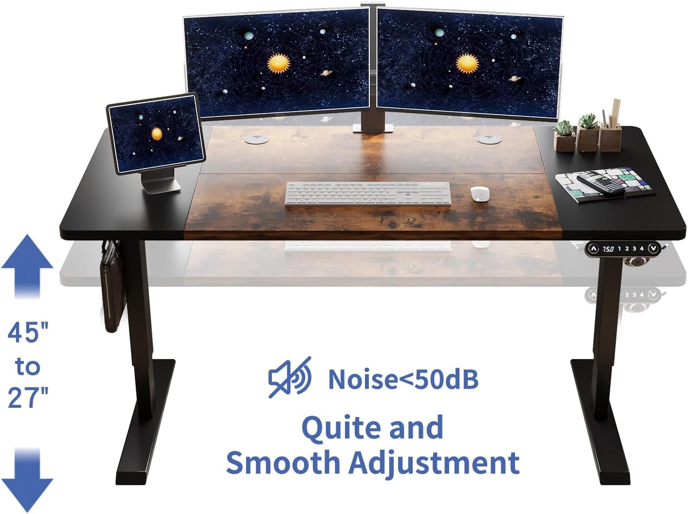 Height Adjustable Standing Desk,55 x 24 Inches Electric Standing Desk with Memory Controller, Sit Stand Home Office Table with Splice Board, Black Frame&Black+Rustic Brown Top