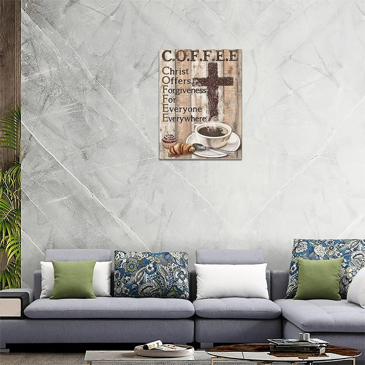 Christian Coffee Wall Art Coffee Bean Cross Pictures Wall Decor Rustic Kitchen Christ Coffee Painting Canvas Prints Inspirational Framed Modern Artwork Home Kitchen Dining Room Cafe Decor 12"x16"