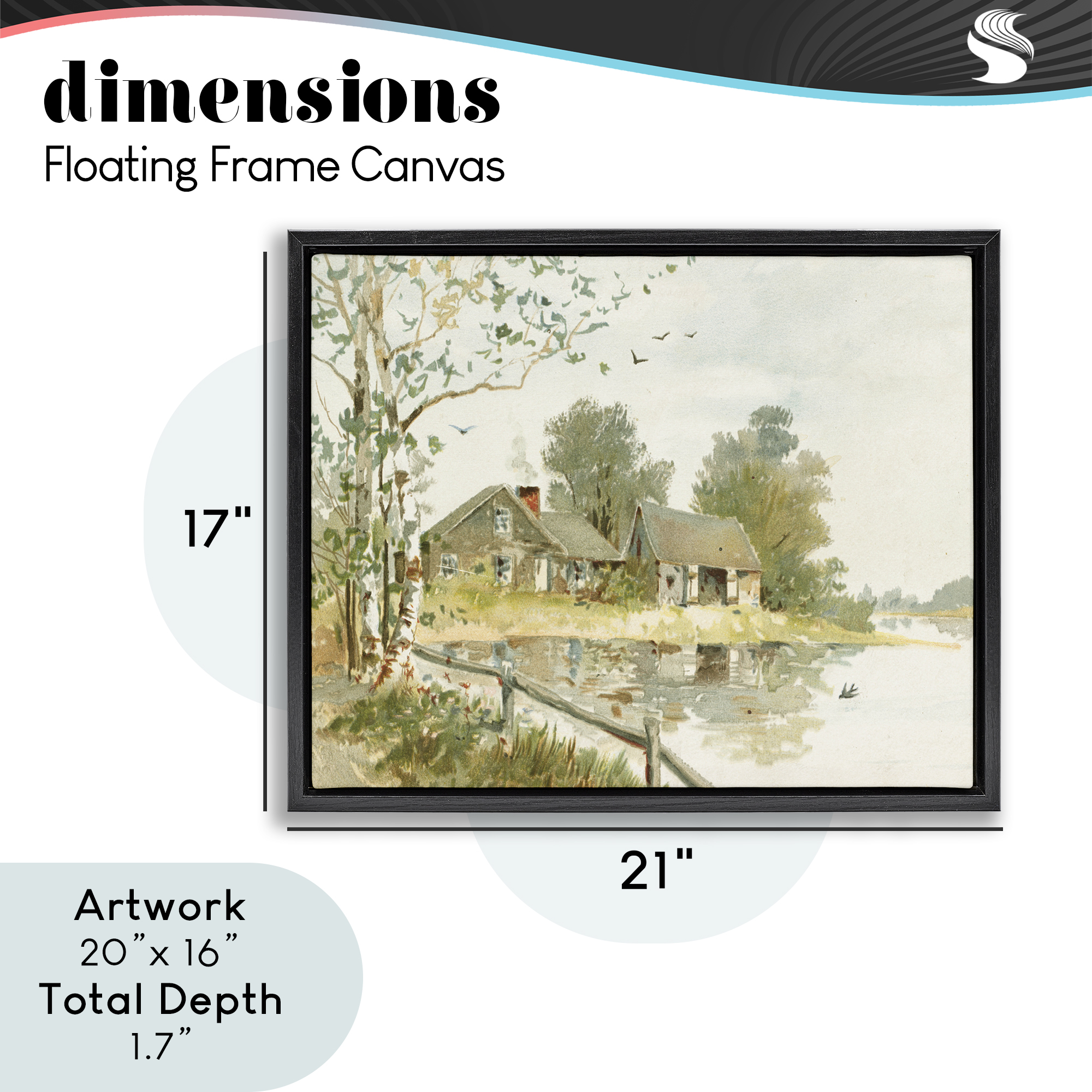 Cabin Along River's Edge Black Framed Floater Canvas Wall Art, design by Lettered and Lined