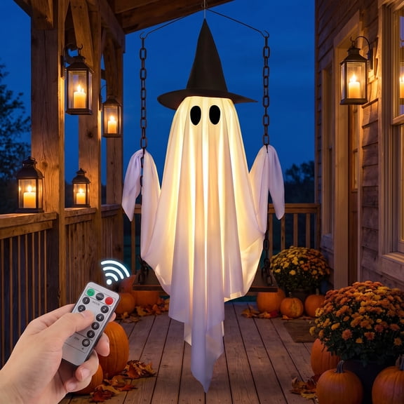 Leyaron Halloween Decorations Outdoor, Hanging Swing Ghosts with Lights Halloween Spooky Cute Ghosts Decor for Outside Home Front Porch Yard Lawn Tree