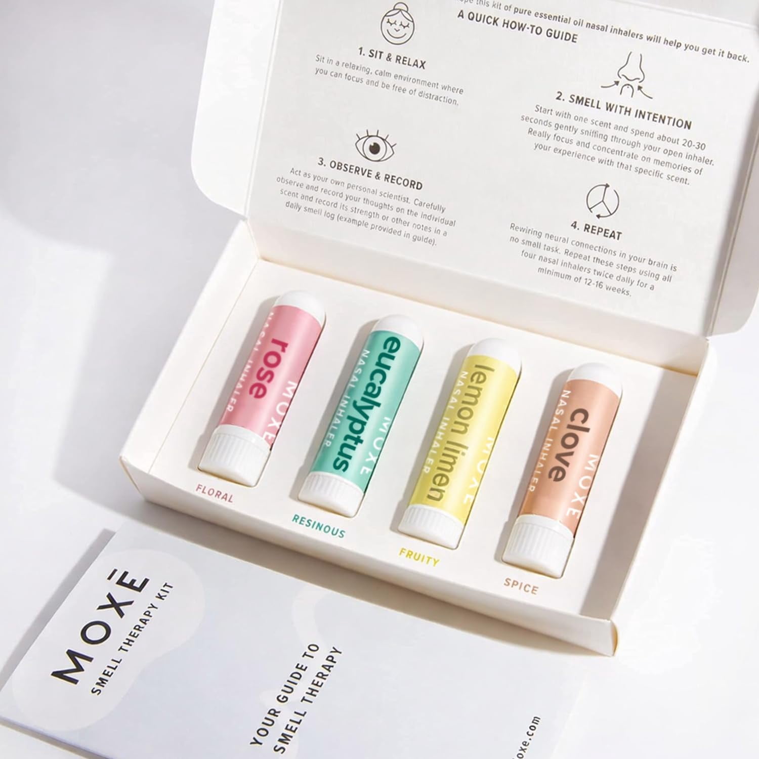 MOXE Nasal Stick Inhaler Stick Rose, Eucalyptus, Lemon Lime and Clove Scent Kit Phase 1 Scent Diversification Essential Oil Scent