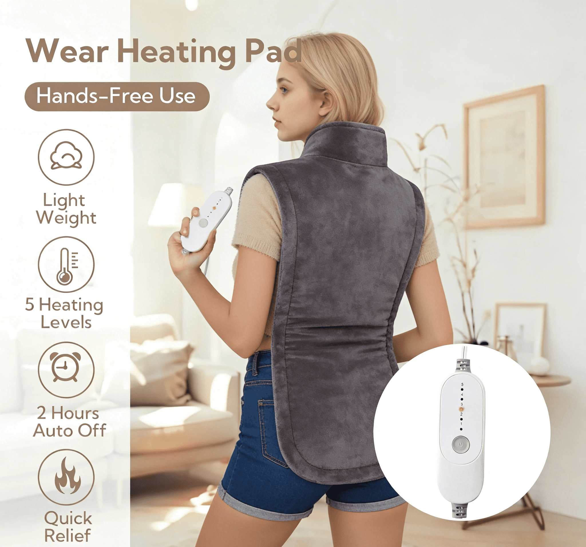 SUNNY HEAT Waist Long Back Electric Heating Pad 26x35 Inches, Electric Back Pain Relief, 5 Heat Settings with Auto Shut Off, Soft Flannel, Gray (1 Piece)