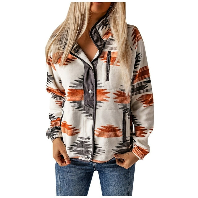 Womens Fleece Jacket Western Aztec Print Long Sleeve Snap Button Down Shacket Jackets with Pockets(Grey,M)