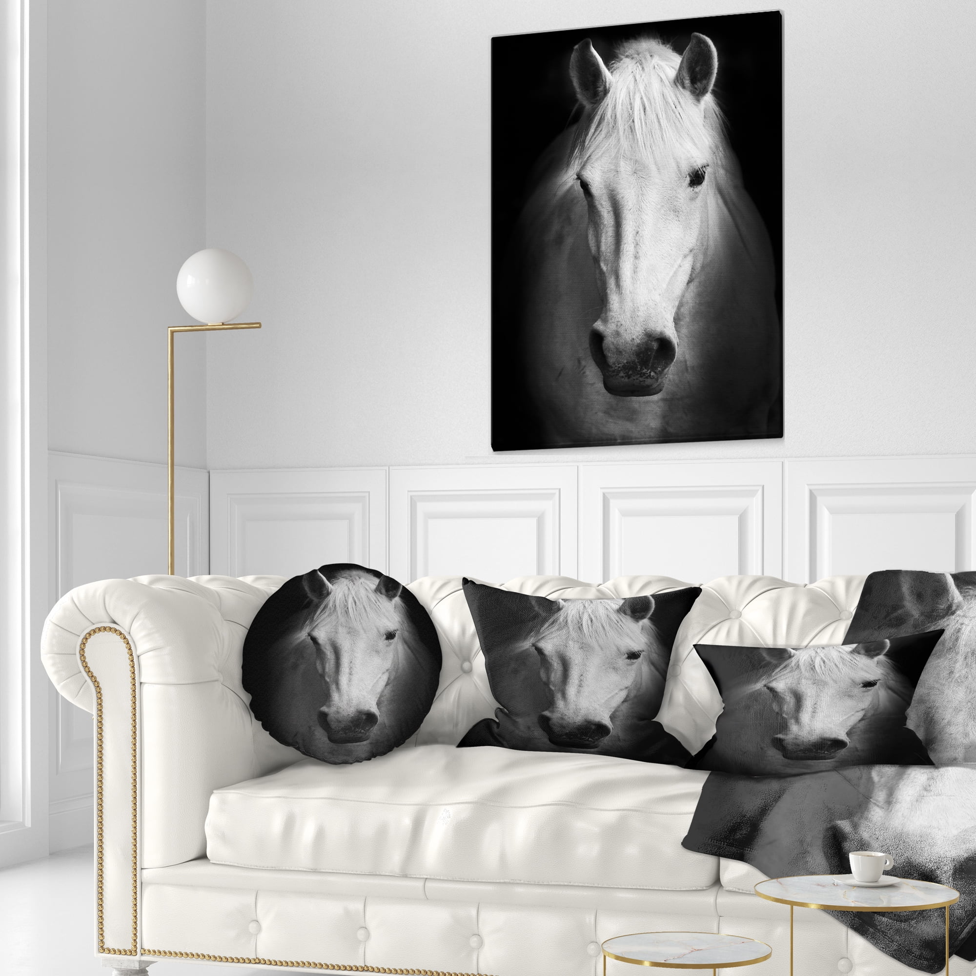 Designart White Horse Black and White - Animal Throw Pillow - 12x20