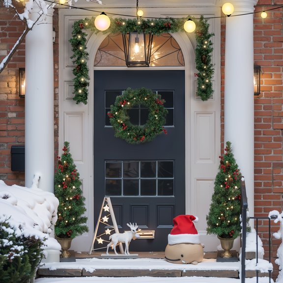 4pcs Mini Artificial Christmas Tree Set with 9ft Garland & Wreath - Heavy-Duty Metal Frame & PVC Branches, Easy Assembly / Pre-Decorated Holiday Trees for Xmas, Porch, Door-(Plastic/Warehouse Stock)