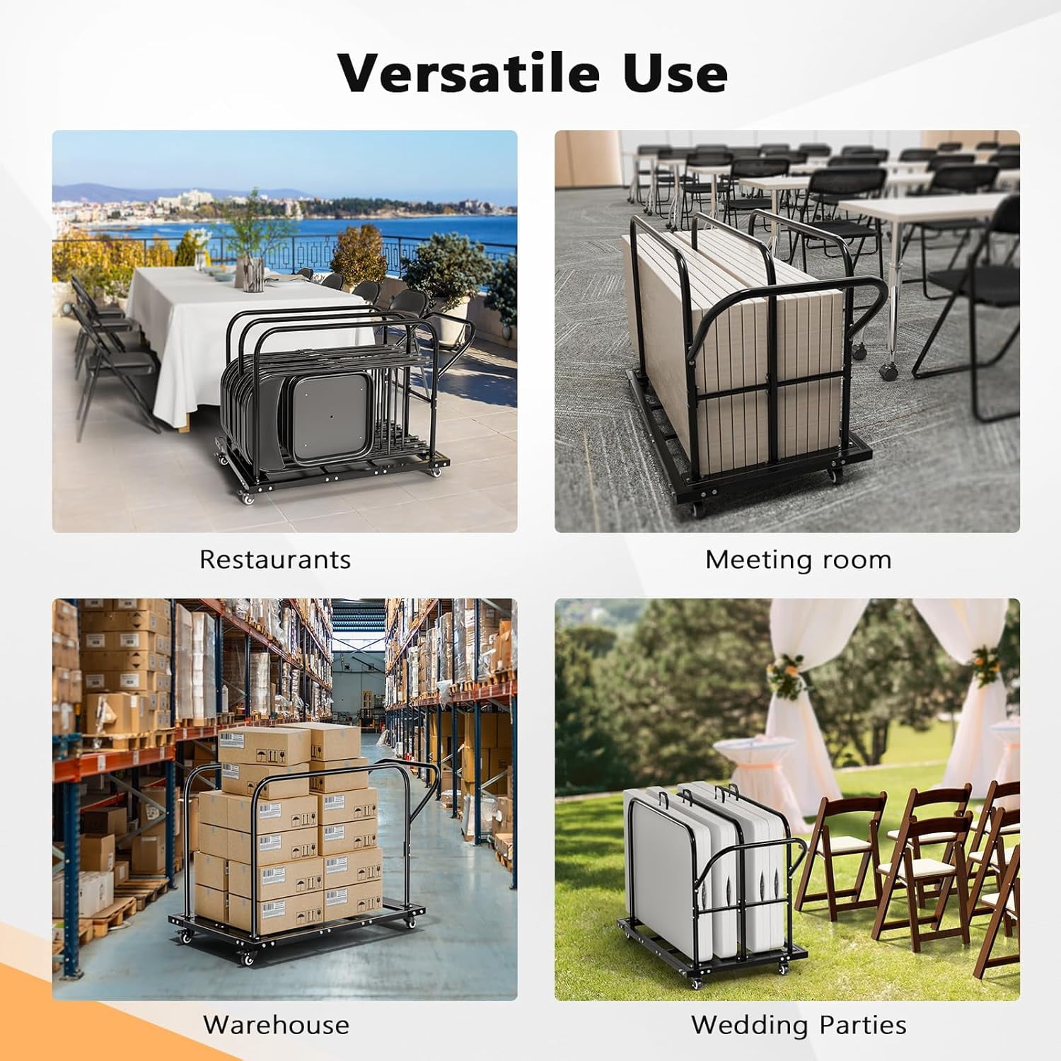 JFTER Heavy Duty Folding Table Cart, Table Dolly with PU Swivel Wheels, 800 lbs Capacity, Holds Up to 10 Tables for Party Events, Hotels, Factories & Warehouses