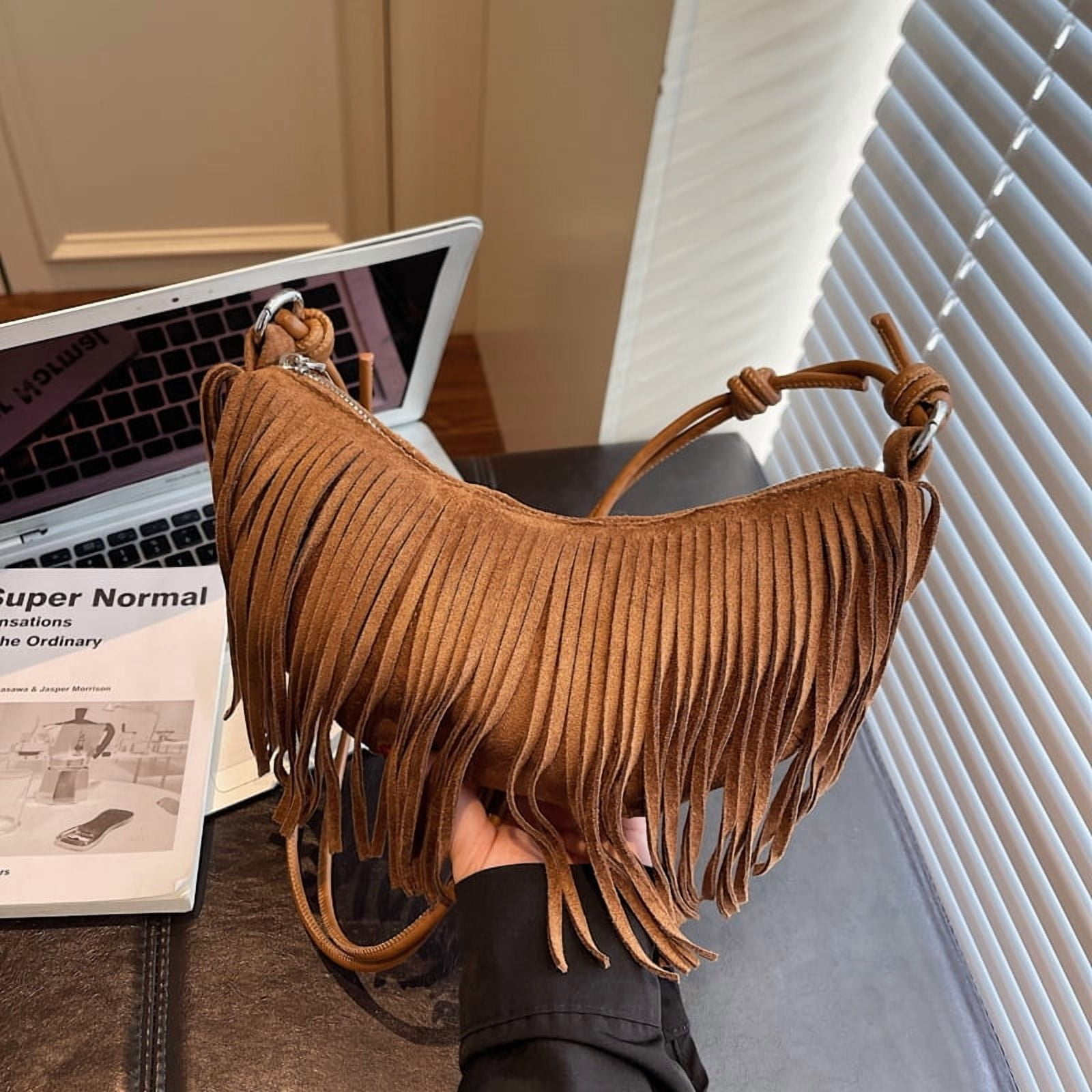 Baguery Vintage Suede Fringe Bag for Women - Y2k Boho Chic Crossbody Dumpling Purse Trendy Shoulder Handbag (10×4×7in)​