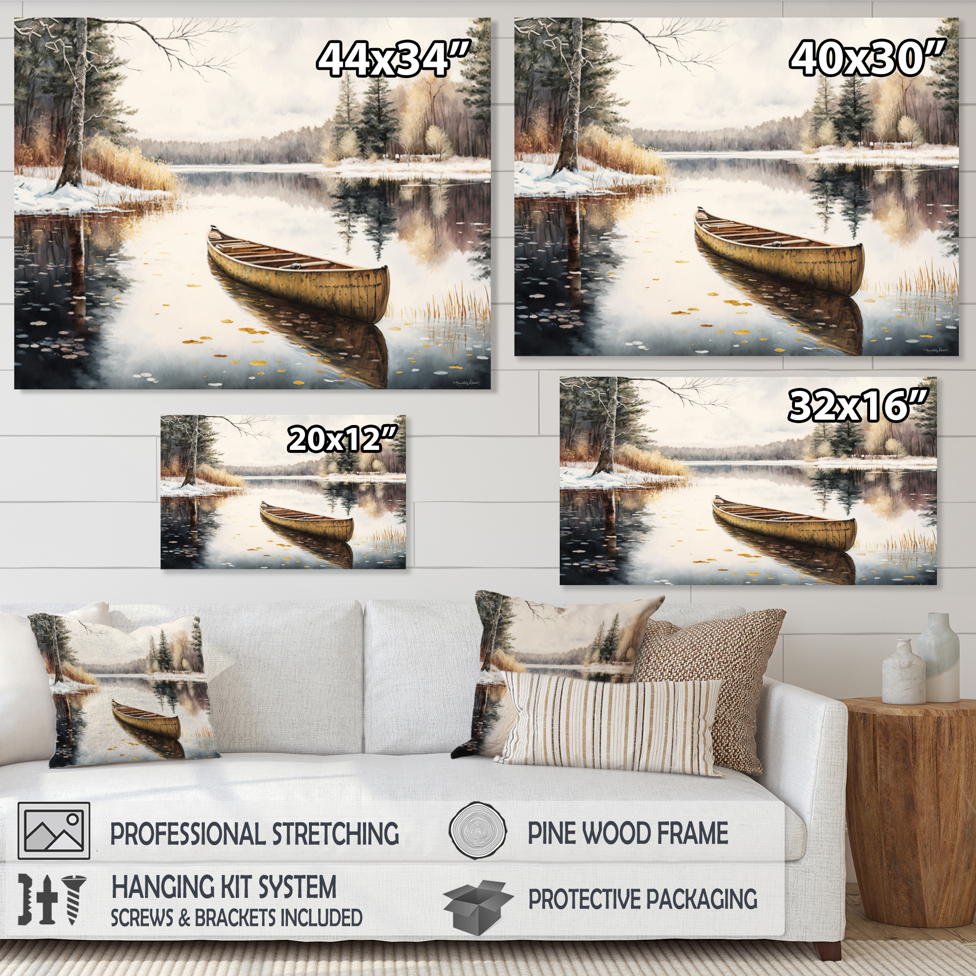 Designart Winter Scene With Canoe II Canvas Wall Art