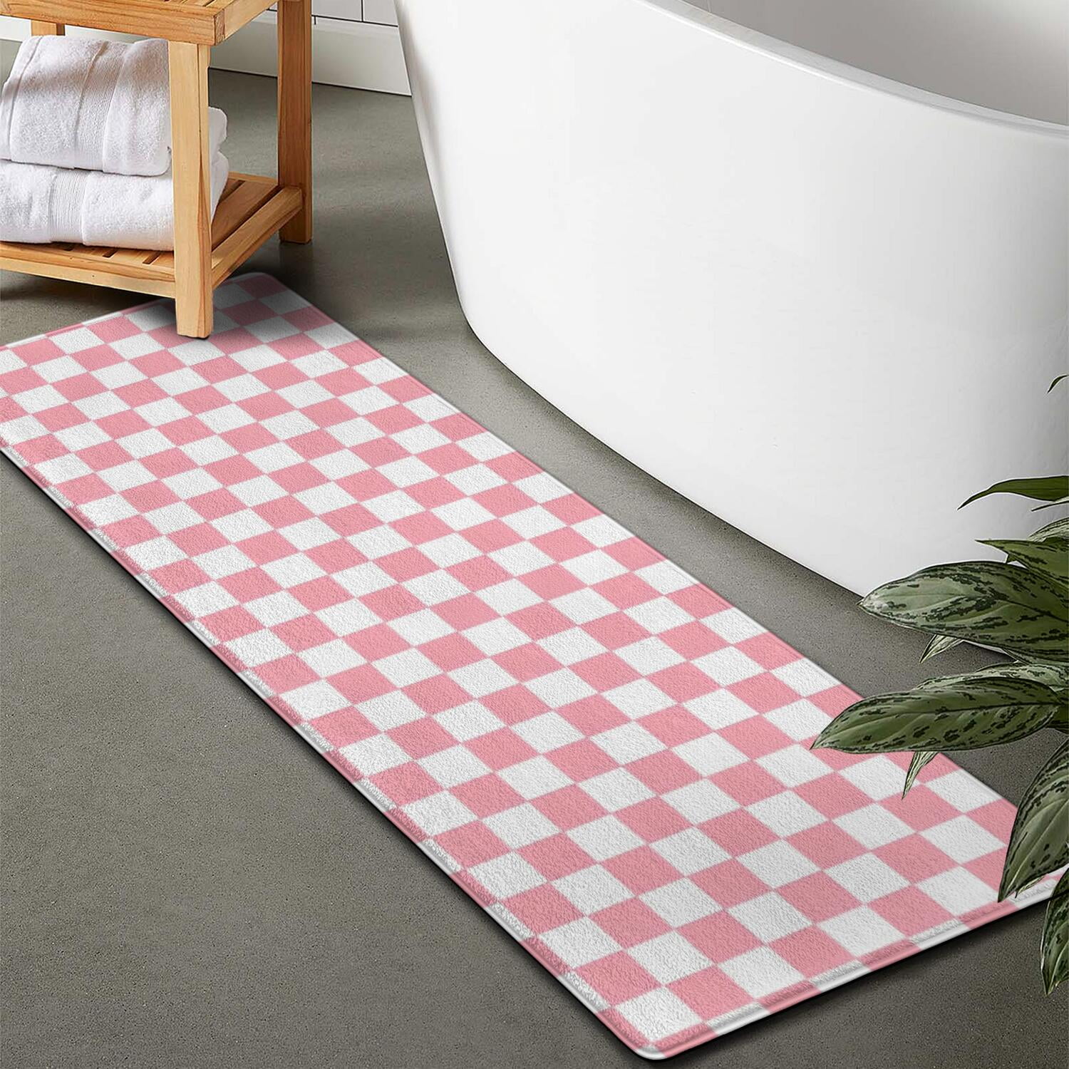 Pink and White Checkerboard Pattern Bathroom Rugs Mat,Non Slip Microfiber Bathroom Rug,Rubber Backing,Soft Bathroom Mats for Bathroom Floor,Tub and Shower,47x17in(120x43cm)