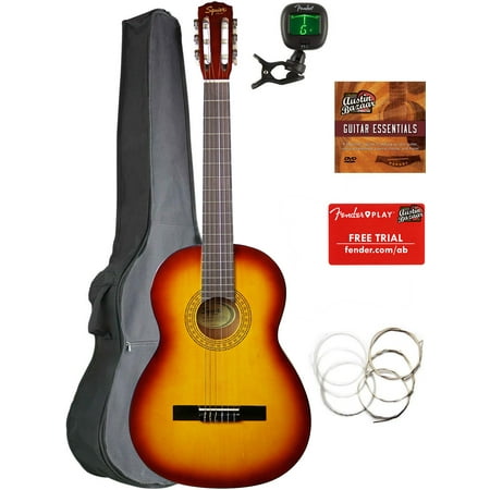 Fender Squier Classical Acoustic Guitar - Sunburst Bundle with Gig Bag, Tuner, Strings, Fender Play Online Lessons, and Austin Bazaar Instructional