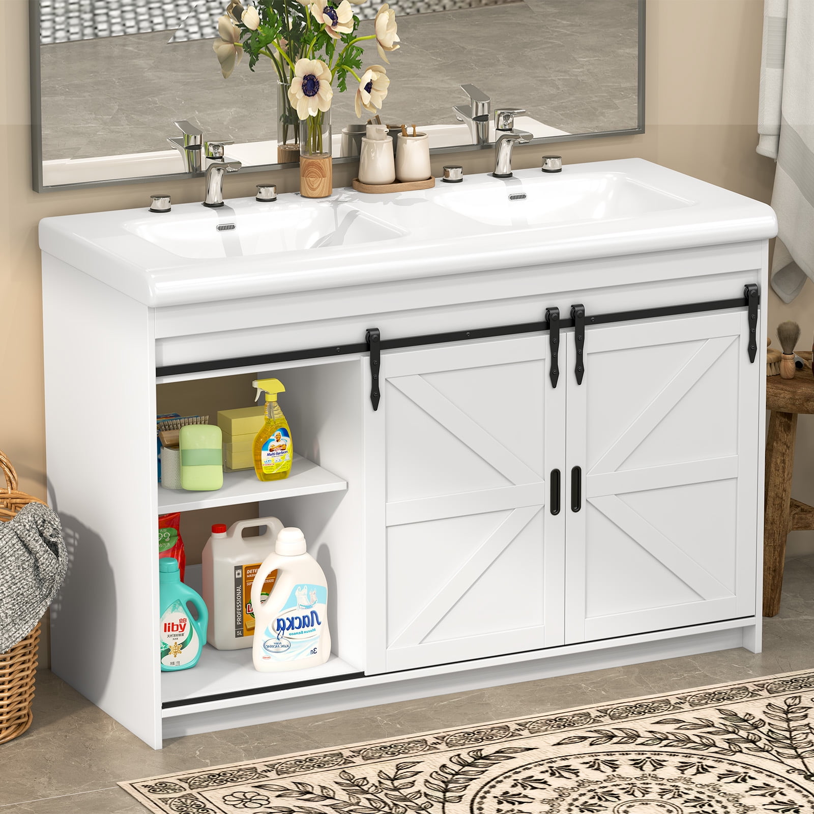 Jarbalai 47" Freestanding Bathroom Vanity with Double Ceramic Basin and Sliding Doors, White