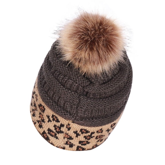ADDHAT Leopard Print Beanie Thickened Warm Winter Hat for Women Gray Outdoor Fashion Cozy Knit Cap