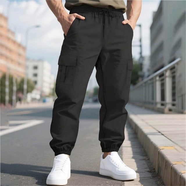 Ceisia Men's Spring Summer Casual Sports Gift Work Pants - Loose Straight Leg Multi-Pocket Drawstring Elastic Waist Outdoor Pan ts
