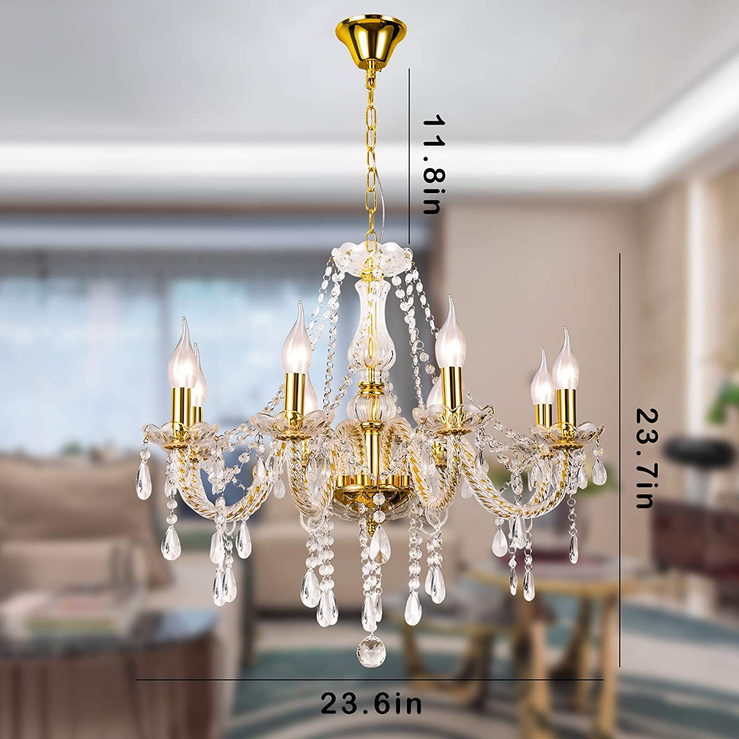 Datingday Gold Crystal Chandelier Lighting,8 Lights Chandeliers for Dining Room,K9 Crystal Pendant Ceiling Lamp,Modern Ceiling Light for Living Room Bedroom Hallway Entry,E12 Base(8 Lights)