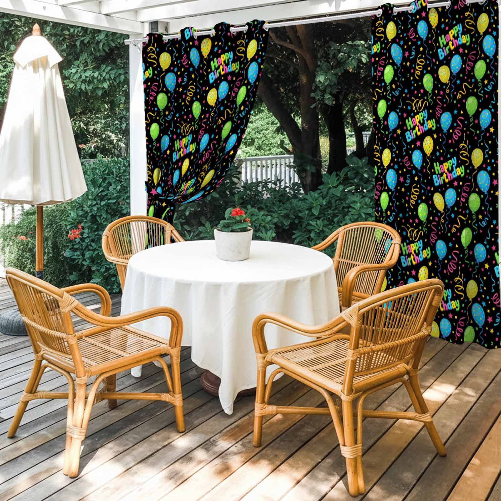 Balloon Stars Outdoor Curtains for Patio, Festival Happy Birthday Blue Green Yellow Balloon Black Sunshade Privacy Drapes Grommet Waterproof Outside Curtains for Porch Balcony 54"x108", 1 Panel