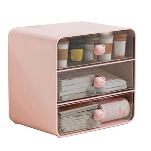 3 Tiers Makeup Organizer Holder Cosmetic Storage Box, Bathroom Countertop Organizer, Desk Organizer with Drawers Pink-A