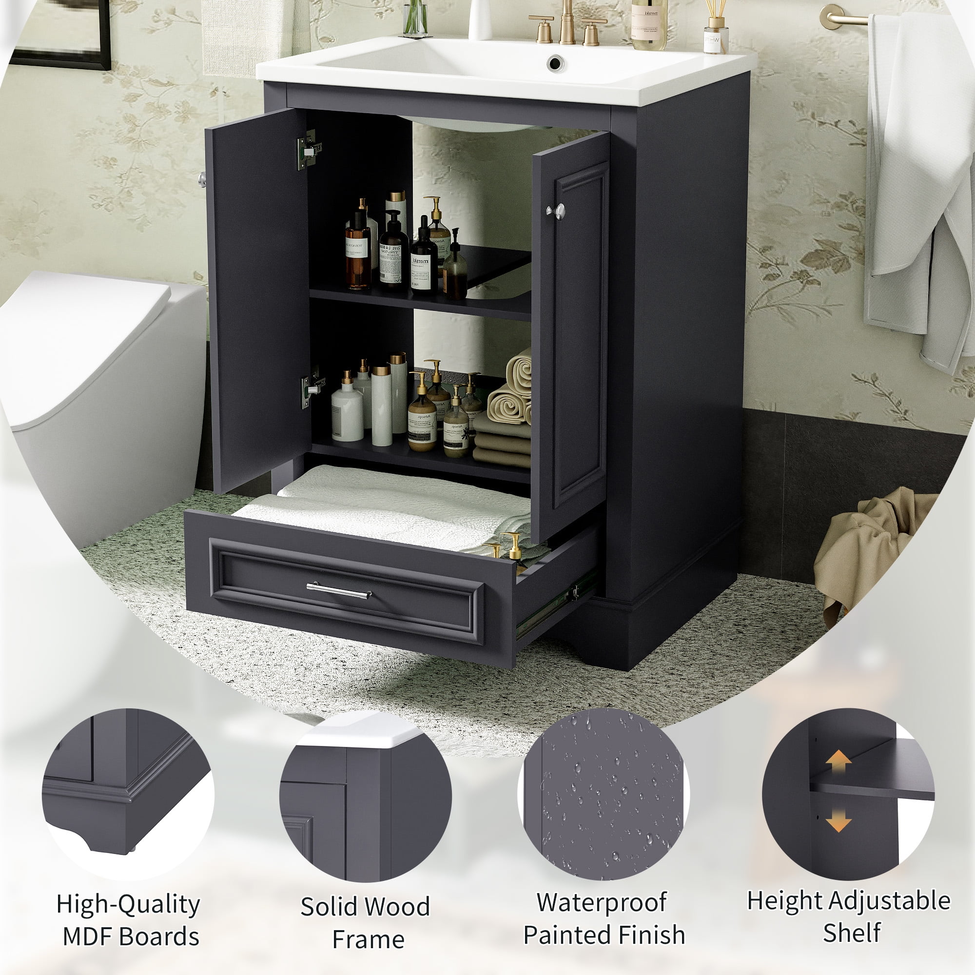 Euroco 24" Bathroom Vanity with Sink, Modern Bathroom Cabinet with Ceramic Basin & Adjustable Storage, Solid Wood Frame Vanity