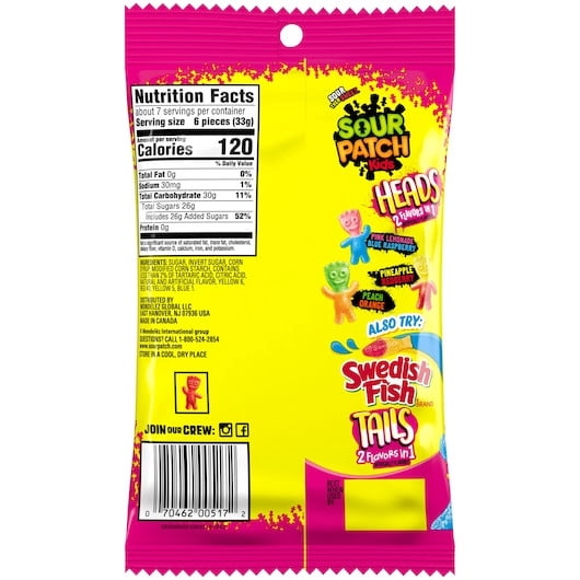 Sour Patch Kids Heads Soft Candy Peg Bag, 8 Ounce, 12 Packs Per Case