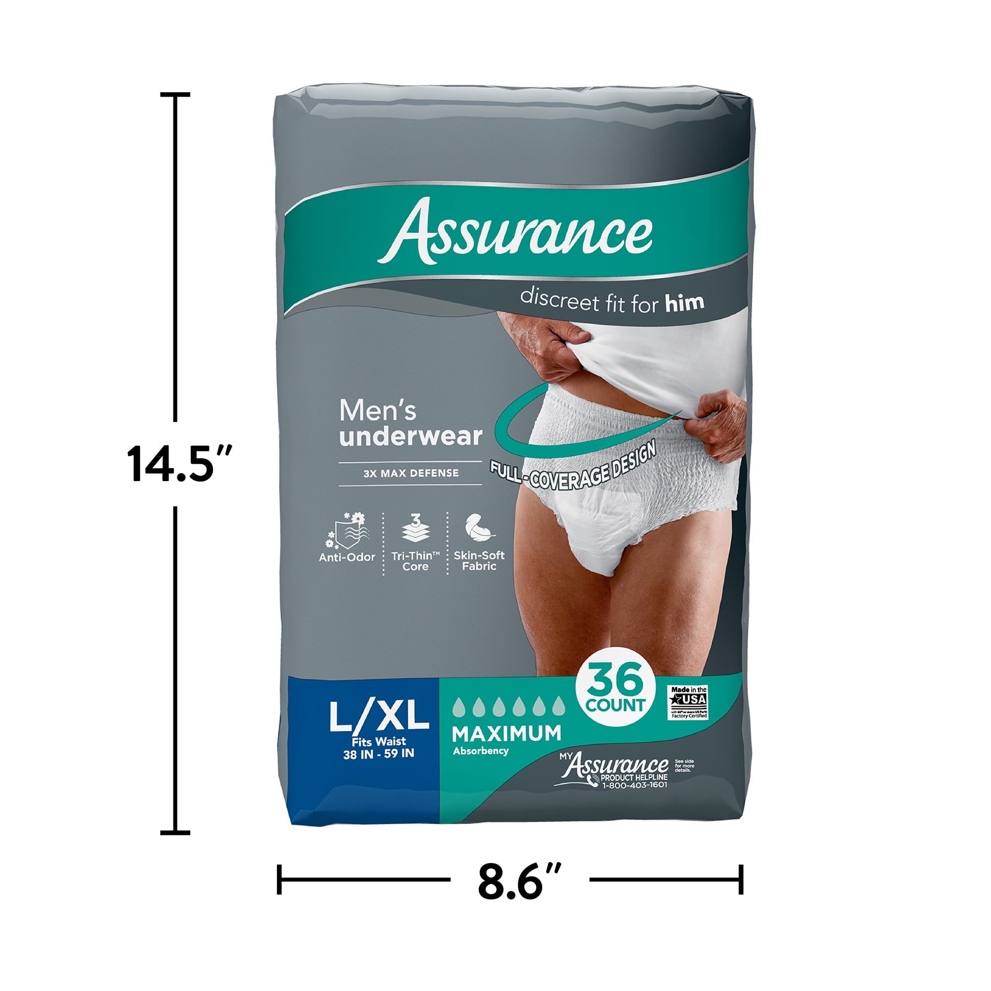 Assurance Men's Incontinence Underwear, L/XL, Maximum Absorbency (36 Count)  