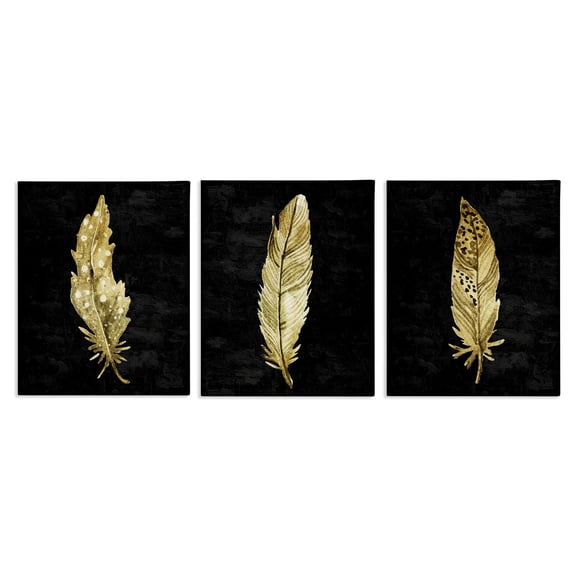 Black & Gold Feathers 3 Piece Canvas Wall Art Set, design by Kim Allen