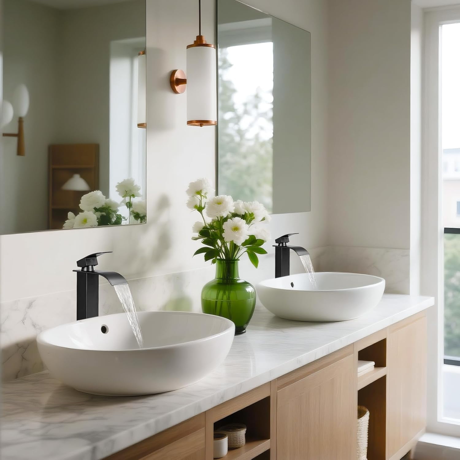 Black Bathroom Faucets, Tall Waterfall Bathroom Sink Faucet Modern Single Handle Bathroom Faucte 1 Hole, Tall Spout Vessel Faucet Mixer Tap Washbasin Faucet with Pop-up Drain, Supply Hoses