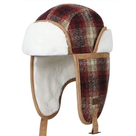 Wool Trapper - ililily Howels Wool Plaid Pattern Aviator Trapper Trooper Faux Fur Ear Flaps Hat , Red Plaid