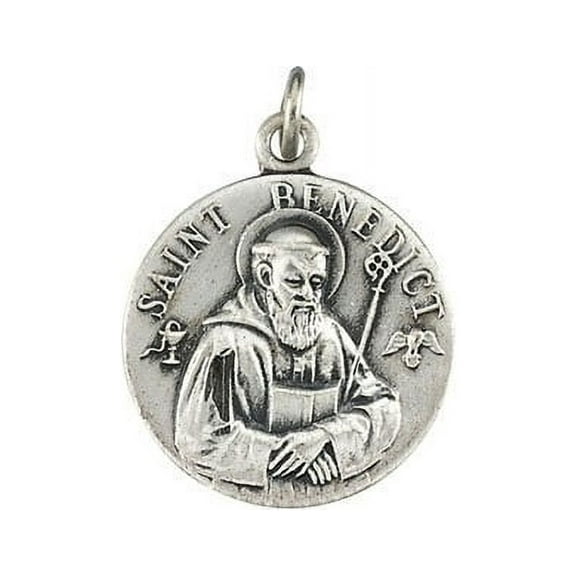 Small Saint Benedict Round Relief Religious Medal - over 2/3 Inch X over 2/3 Inch in Sterling Silver