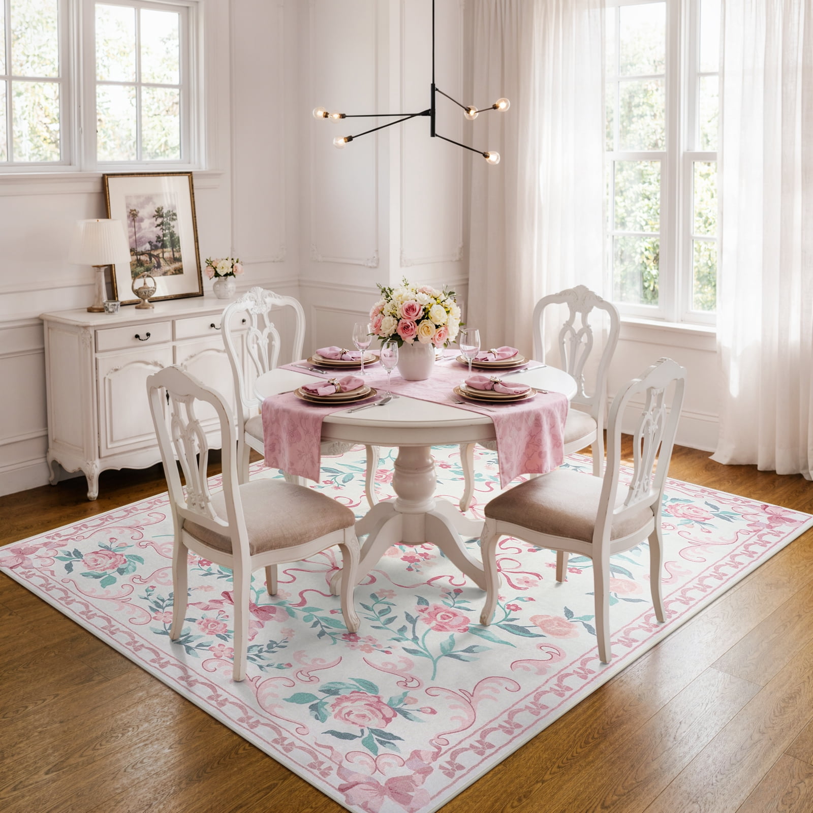 Lahome Washable 5'x7' Floral Bow Area Rug, Pink Rugs for Living Room, Soft Ultra-Thin Non-Slip Carpet for Girls Bedroom Nursery Dorm Kids Room Playroom, Pink