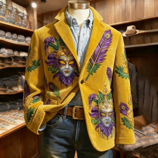 Ceisia Mardi Gras 3D Mask & Feather Embroidered Corduroy Blazer for Men, Relaxed Fit Festive Party Coat with Pockets Gifts