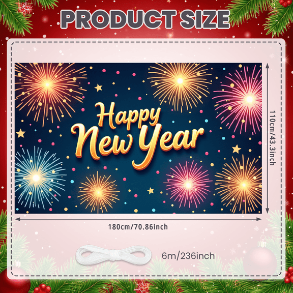Balloon Design Happy New Year Banner Gift Box Glitter Decor Festive Backdrop for Holiday Party Event Celebration