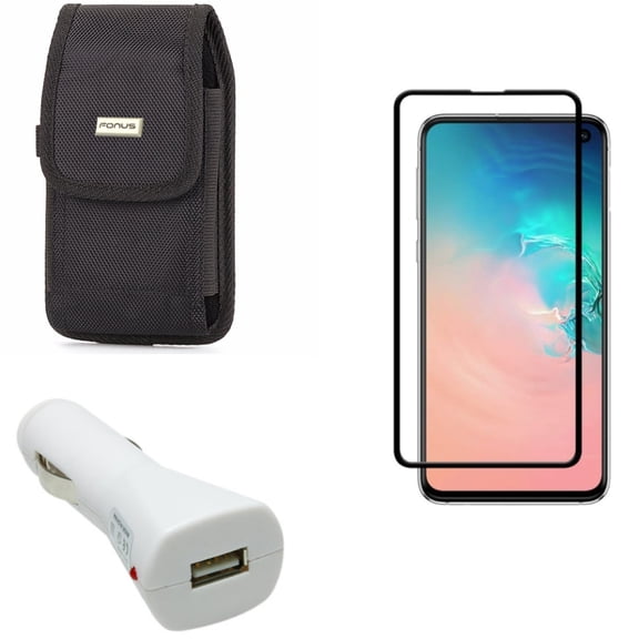 Galaxy S10e Car Charger w Screen Protector w Case Belt Clip - USB DC Socket Power, Tempered Glass 5D Curved Edge, Rugged Holster Canvas for Samsung Galaxy S10e Phone