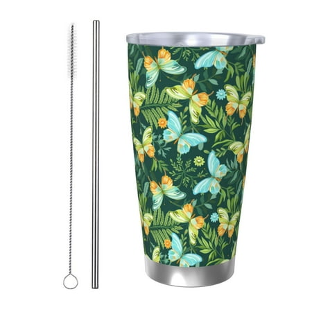

Junzan tropical butterflies and plants for 20oz Stainless Steel Insulated Car Cup with Spillproof Lid - Insulated Coffee Mug Thermal Cup-Straw Two-piece Set
