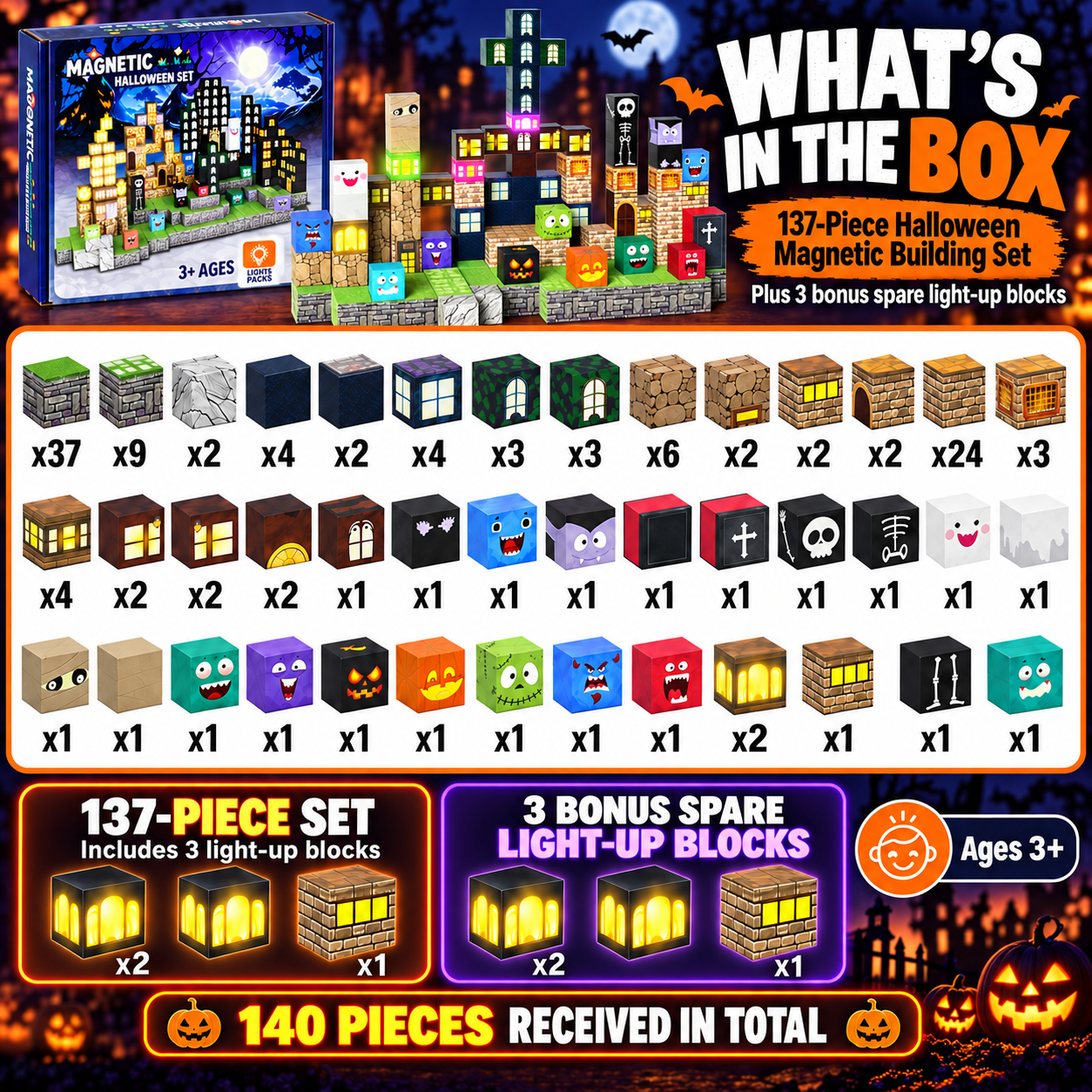 Veecafiodi 137-Piece Light-Up Halloween Magnetic Blocks photo 2