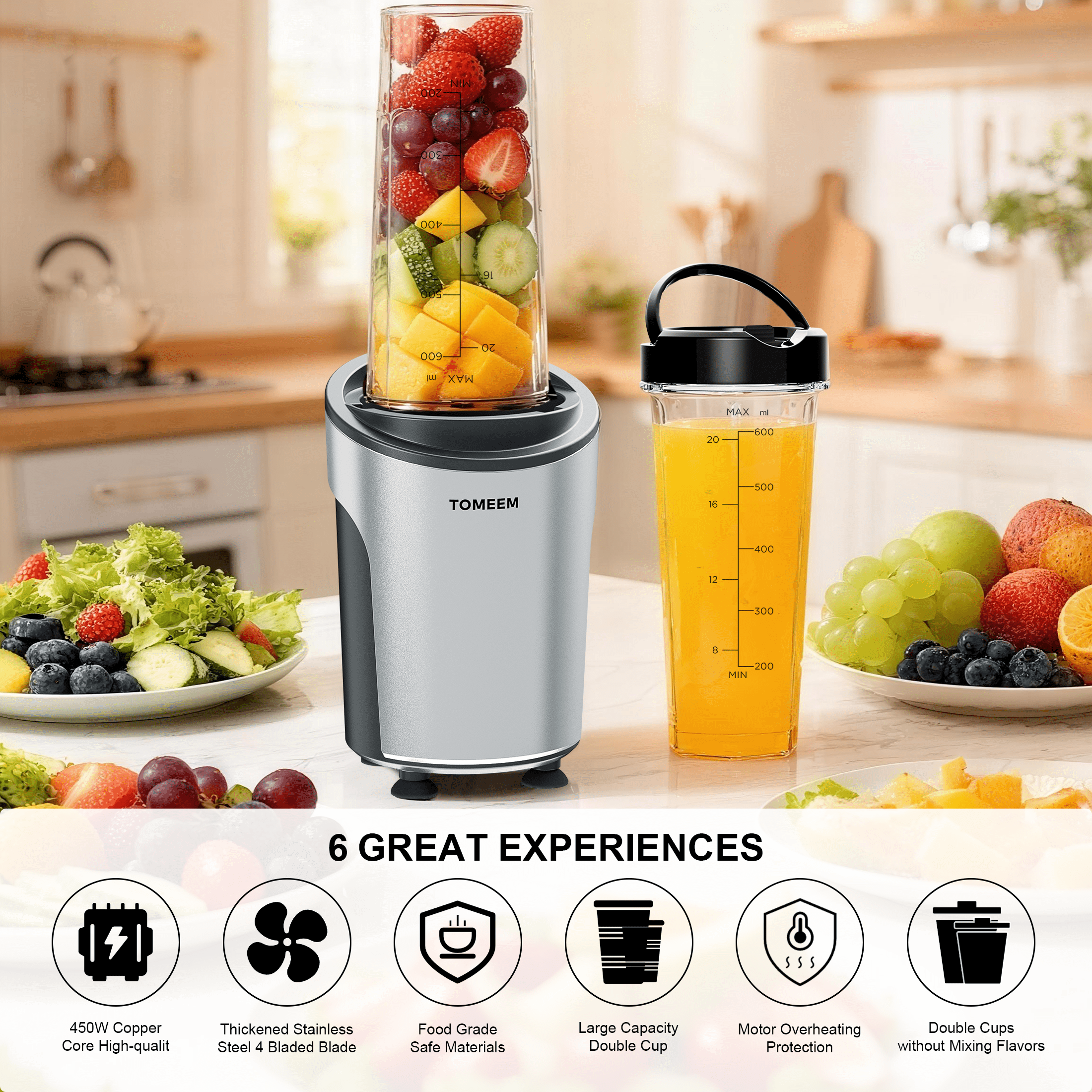 Tomeem Personal Blender for Smoothies and Shakes with Travel Lid, 20 oz No-BPA Portable Bottle, 450 W, 4-Blade, Black