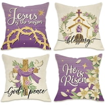 Easter He is Risen Decorative Throw Pillow Covers 18 x 18 Set of 4, Jesus is The Reason Religious Faith Cross Church Outdoor Pillowcase, Lily Flower Dove Purple Cushion Case Home Decor
