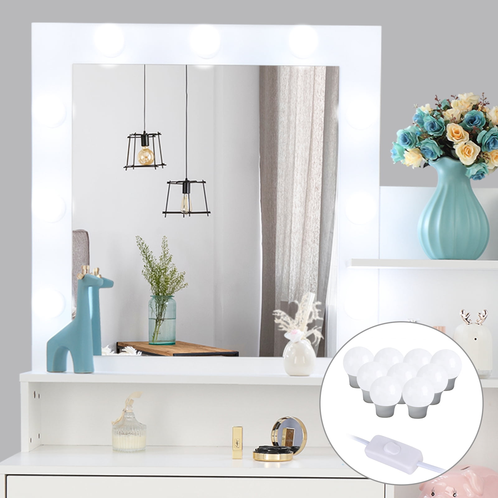 Large Vanity Set with 9 LED Bulbs, Makeup Table with Cushioned Stool, 3 Storage Shelves 4 Drawers, Dressing Table Dresser Desk for Women, Girls, Bedroom, White