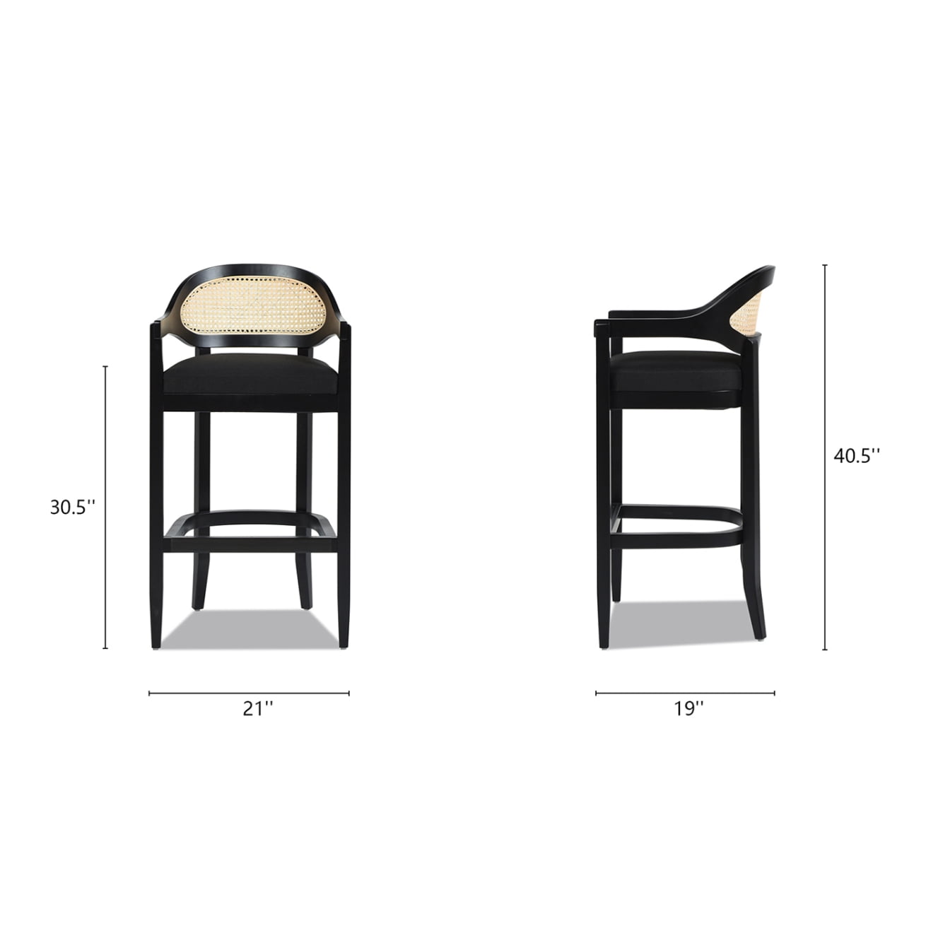Rattan Counter Height Bar Stools Set of 2,Rattan Farmhouse Barstools with Wood Legs, Americana Mid Century Modern Bar Chairs for  Island Dining and Counter, Jet Black