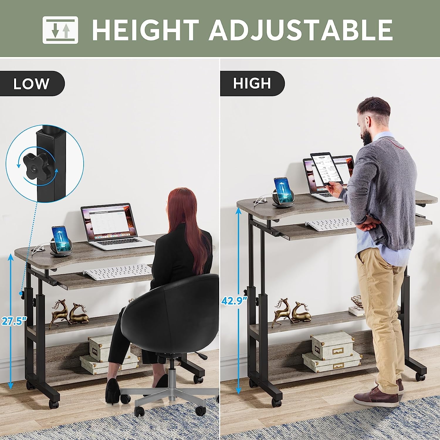 Tribesigns Portable Desk with Wireless Charging Station, Height Adjustable Side Table for Sofa Couch Bed Grey