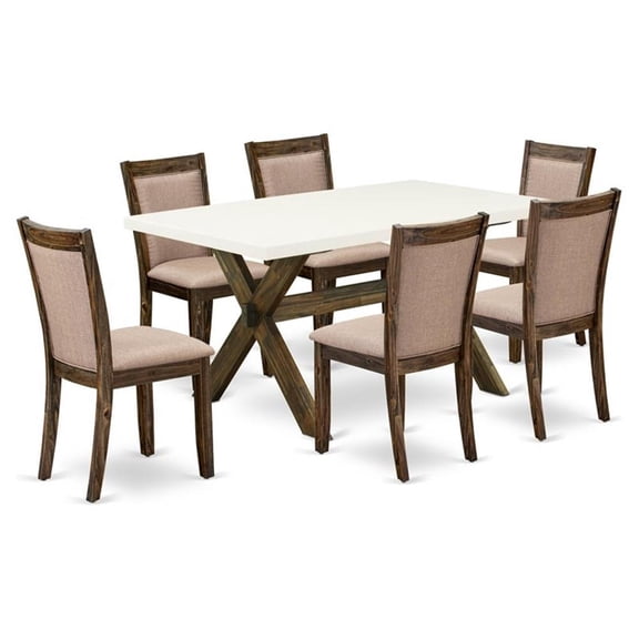 East West Furniture X-Style 7-Piece Wood Dining Set in Dark Khaki Gray/White