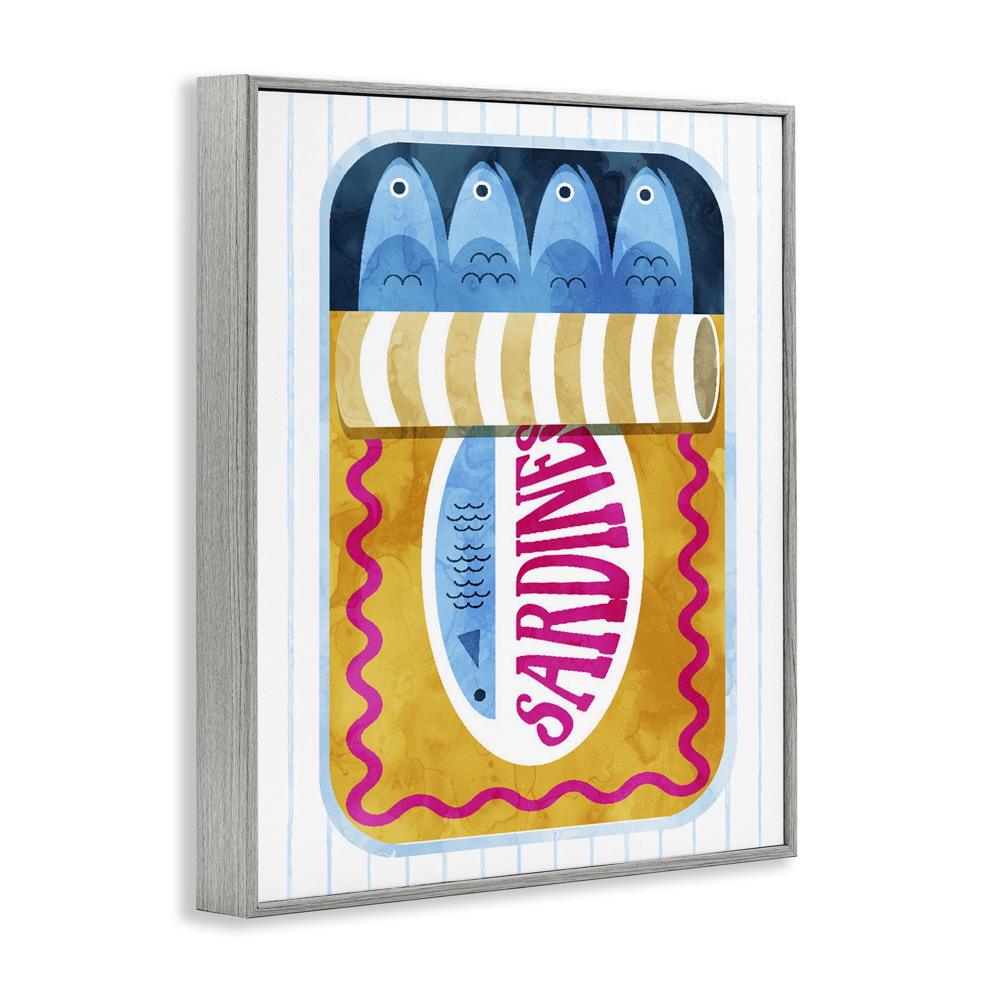 Yellow Sardine Tin over Stripes Gray Framed Giclee Art, design by Daphne Polselli