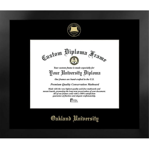 Oakland University 11w x 8.5h Manhattan Black Single Mat Gold Embossed Diploma Frame with Bonus Campus Images Lithograph (value savings at $59)