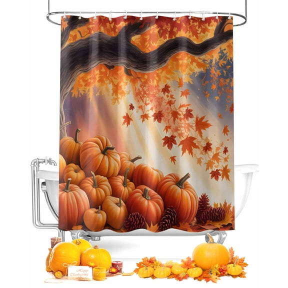 Fall Shower Curtain Harvest Pumpkin Bathroom Curtains with Hooks, Waterproof Fabric Autumn Forest Maple Leaf Thanksgiving Bath Shower Curtains Set for Bathroom Bathtubs Decor 72x72 Inch