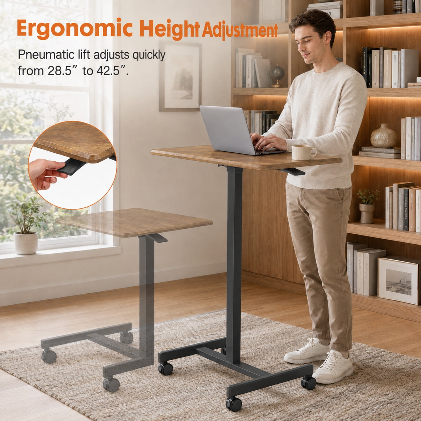 Alvantor Mobile Rolling Desk with Wheels Adjustable Height, Portable Rolling Laptop Desk with 2 Lockable Wheels, Adjustable Height Computer Workstation for Home Office