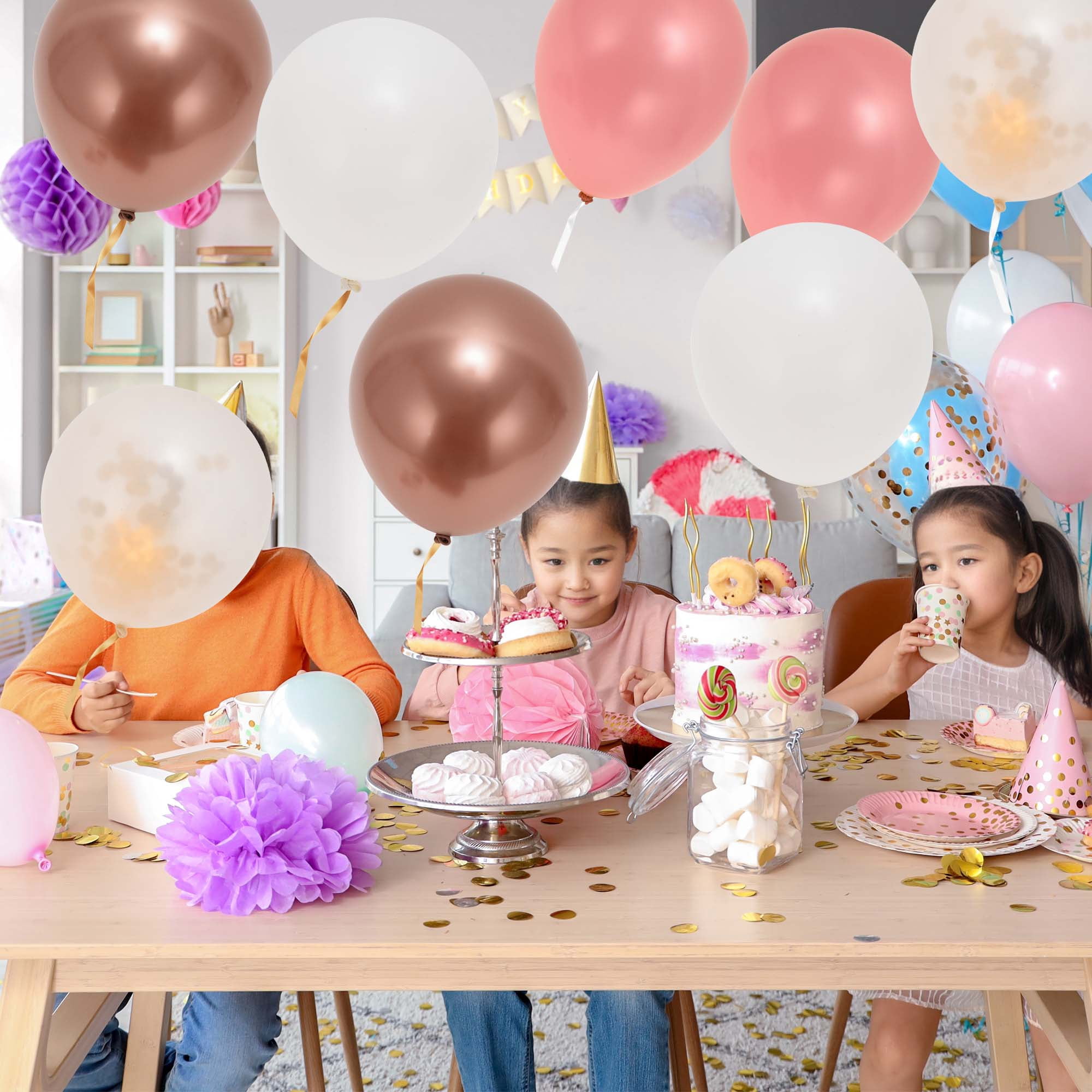 Unique Bargains Latex Party Balloons with Ribbon Pink Gold White Pink 12Inch 60Pcs