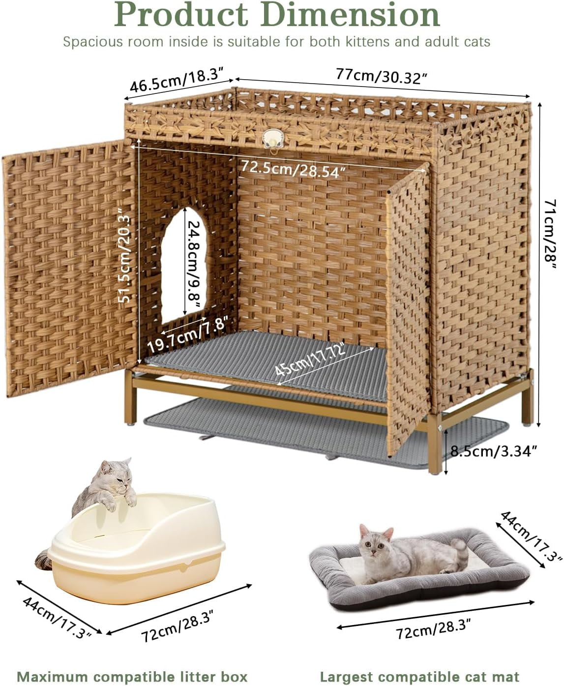Cat Litter Box Enclosure Furniture, Hidden Handwoven Rattan Litter Box with Mat, Large Cat House with Metal Heightened Feet, 30.3 x 18.3 x 28 Inches, Indoor for Living Room, Bedroom Natural